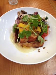 OTWAY PORK BELLY & ROASTED PEARS with lentil, cherry tomatoes and apple puree (gf). $21.00 